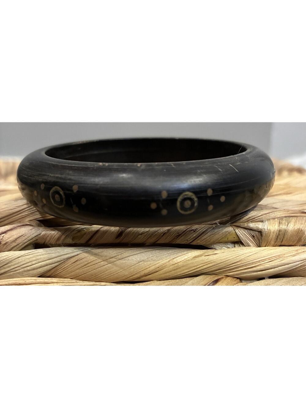 Vintage Carved Horn Bangle Bracelet Black Gold Inlay Tribal Boho Artisan